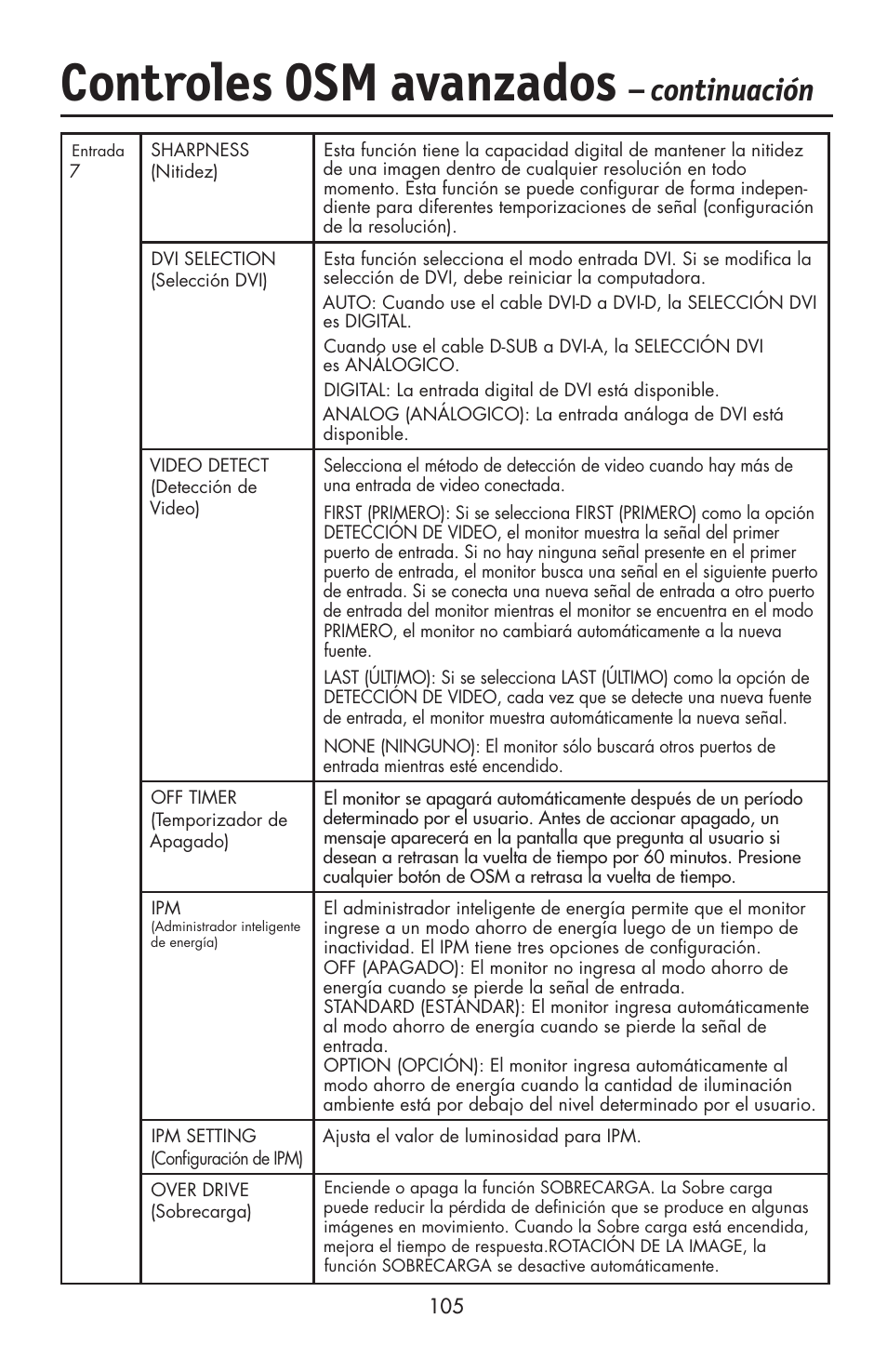 Controles osm avanzados, Continuación | NEC LCD2190UXi User Manual | Page 107 / 131