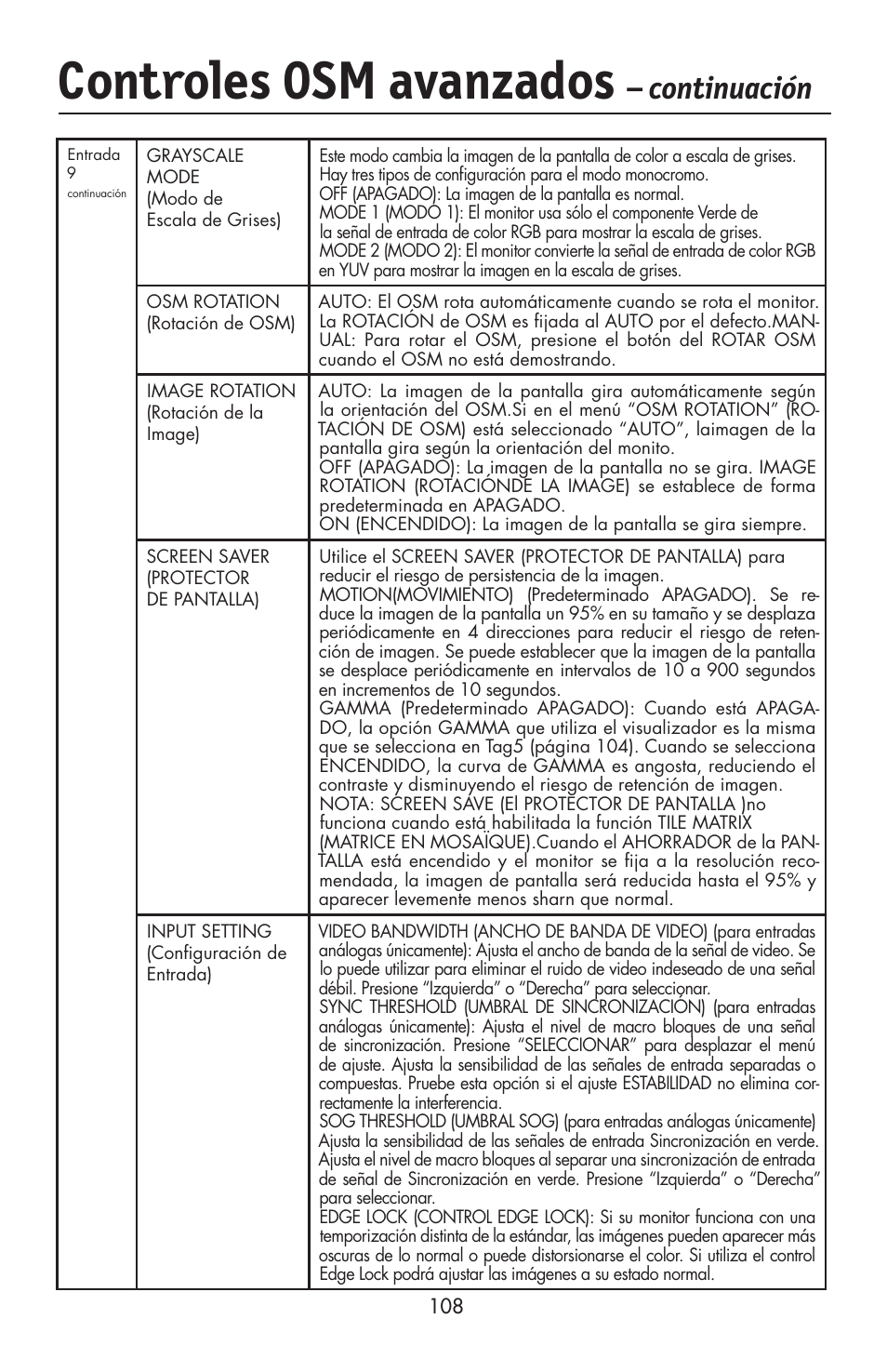 Controles osm avanzados, Continuación | NEC LCD2190UXi User Manual | Page 110 / 131