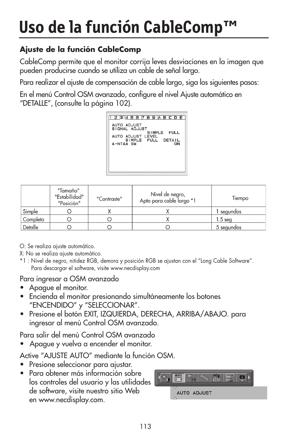 Uso de la función cablecomp | NEC LCD2190UXi User Manual | Page 115 / 131