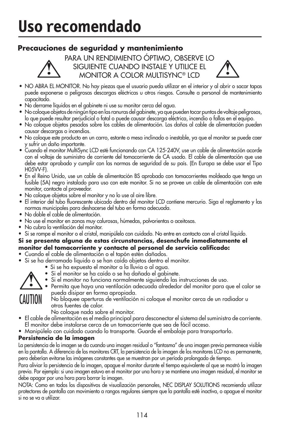 Uso recomendado, Caution | NEC LCD2190UXi User Manual | Page 116 / 131