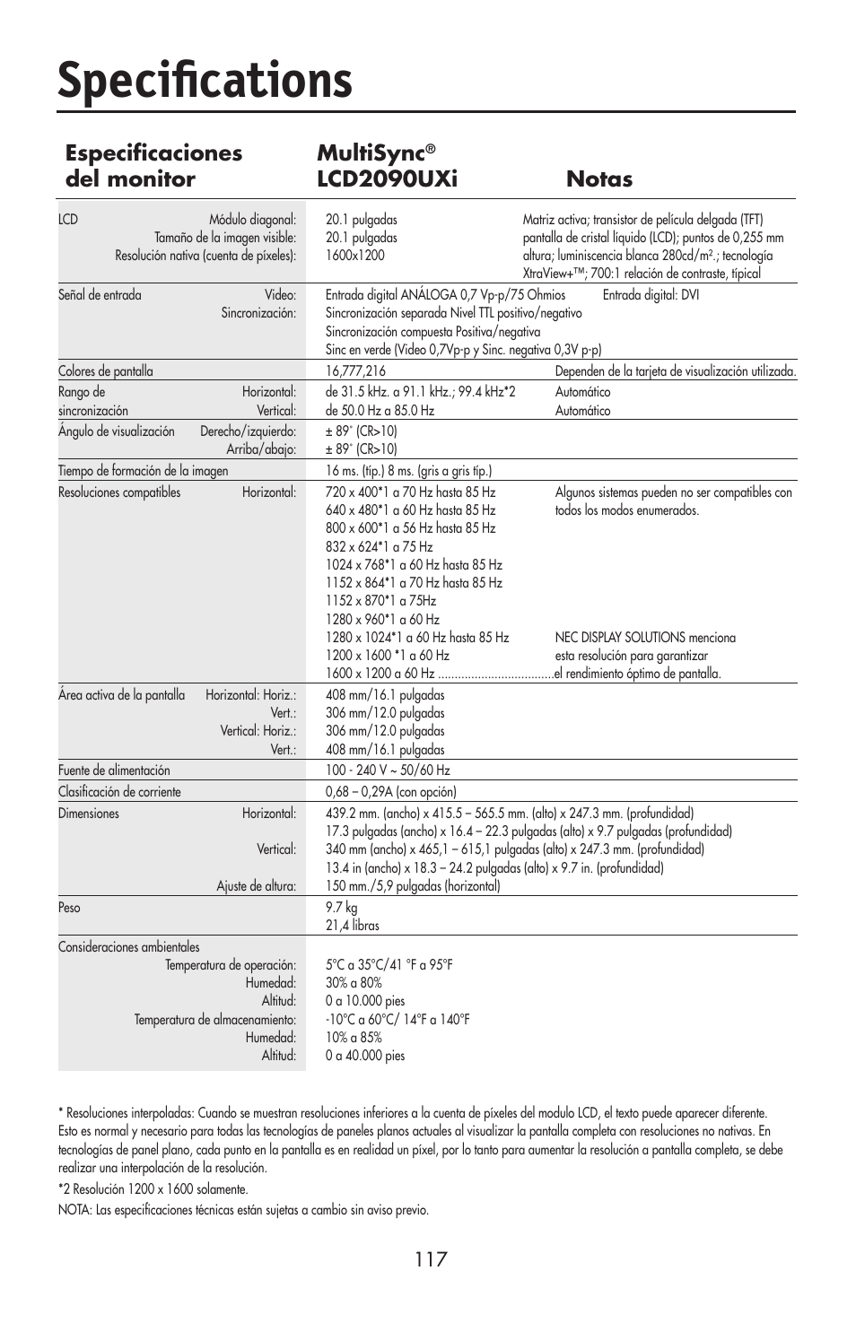 Speciﬁcations, Especiﬁcaciones multisync, Del monitor lcd2090uxi notas | NEC LCD2190UXi User Manual | Page 119 / 131