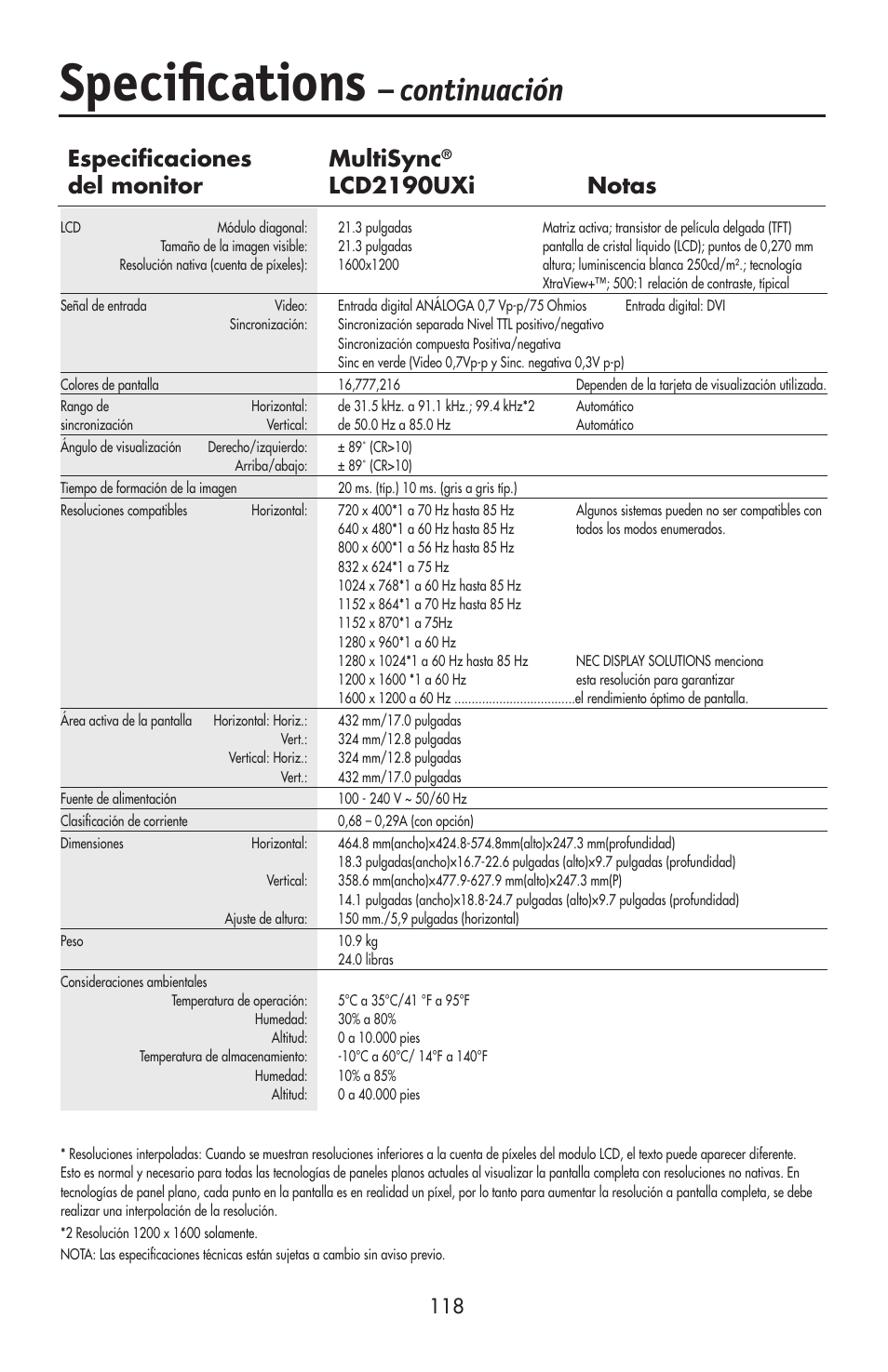 Speciﬁcations, Continuación, Especiﬁcaciones multisync | Del monitor lcd2190uxi notas | NEC LCD2190UXi User Manual | Page 120 / 131