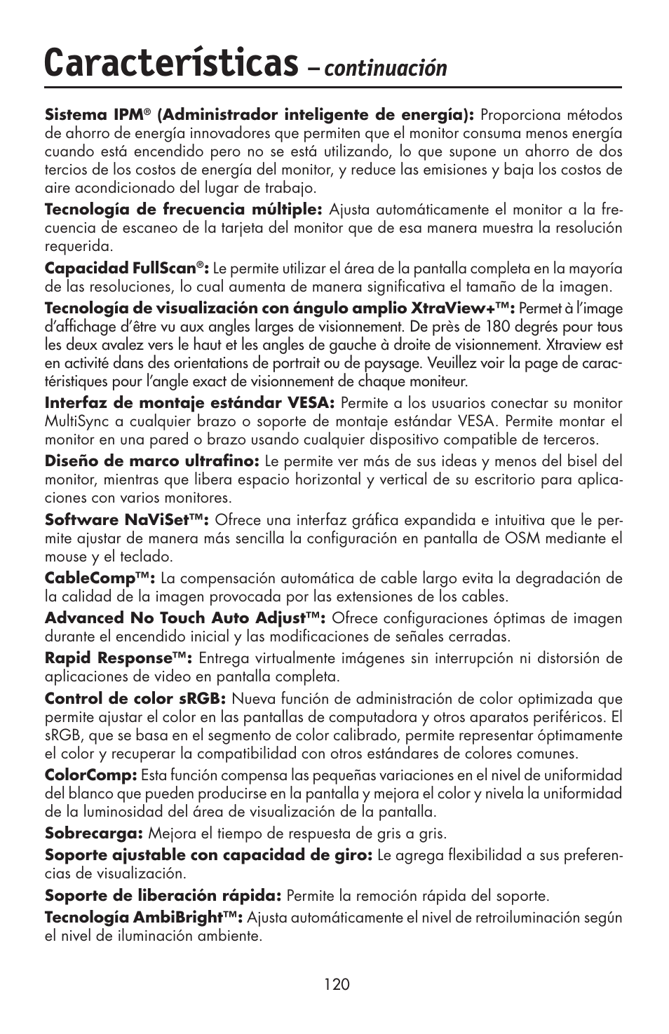 Características, Continuación | NEC LCD2190UXi User Manual | Page 122 / 131