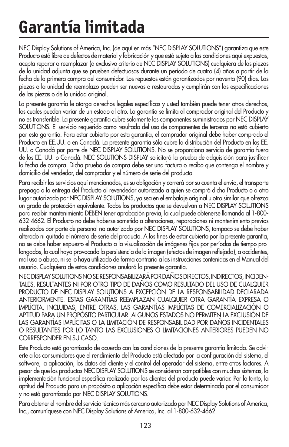 Garantía limitada | NEC LCD2190UXi User Manual | Page 125 / 131