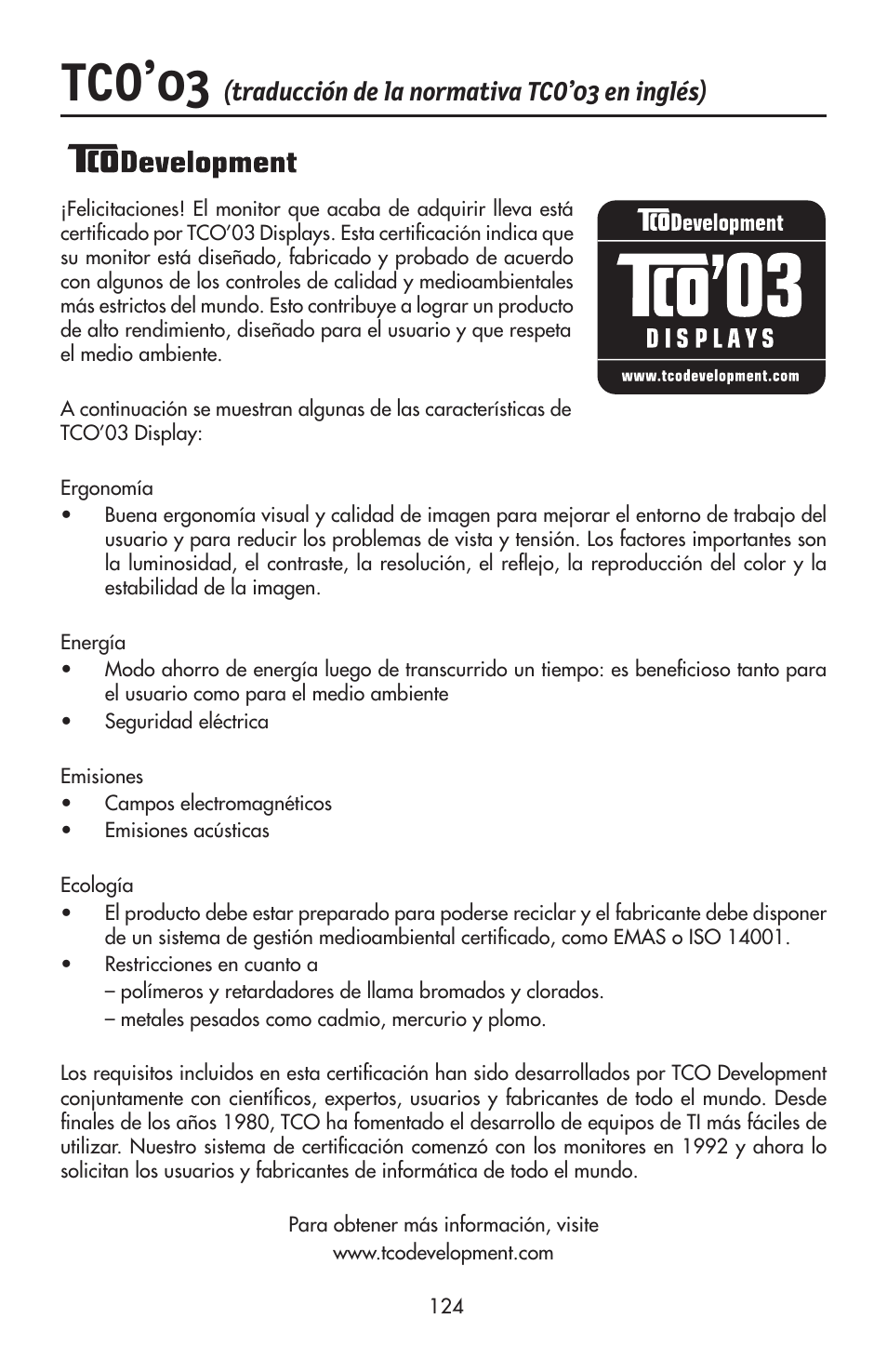 Tco’03, Traducción de la normativa tco’03 en inglés) | NEC LCD2190UXi User Manual | Page 126 / 131