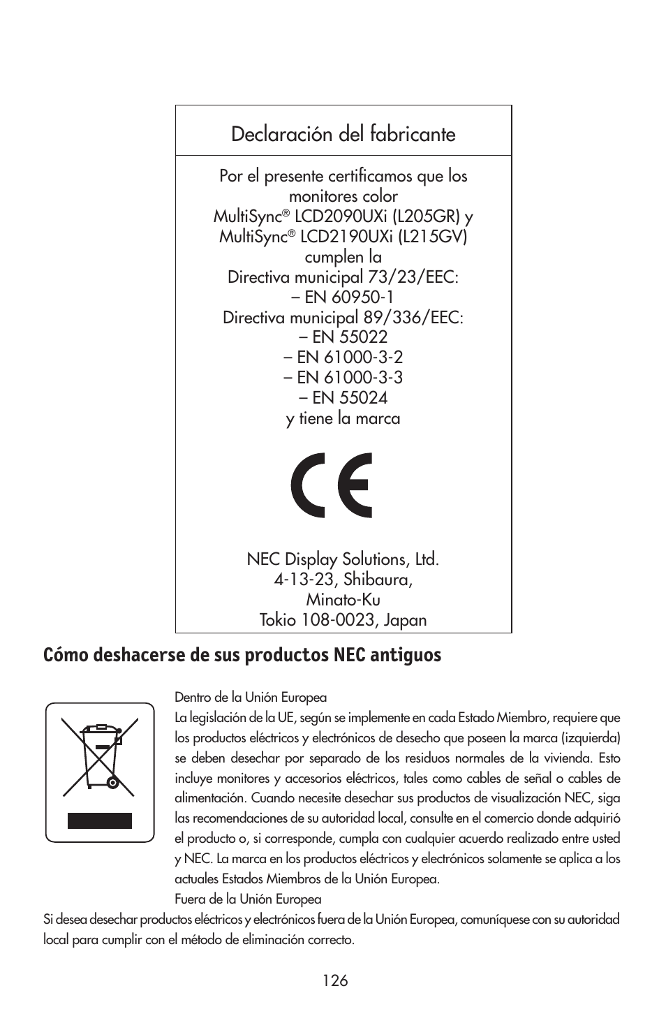 Cómo deshacerse de sus productos nec antiguos, Declaración del fabricante | NEC LCD2190UXi User Manual | Page 128 / 131