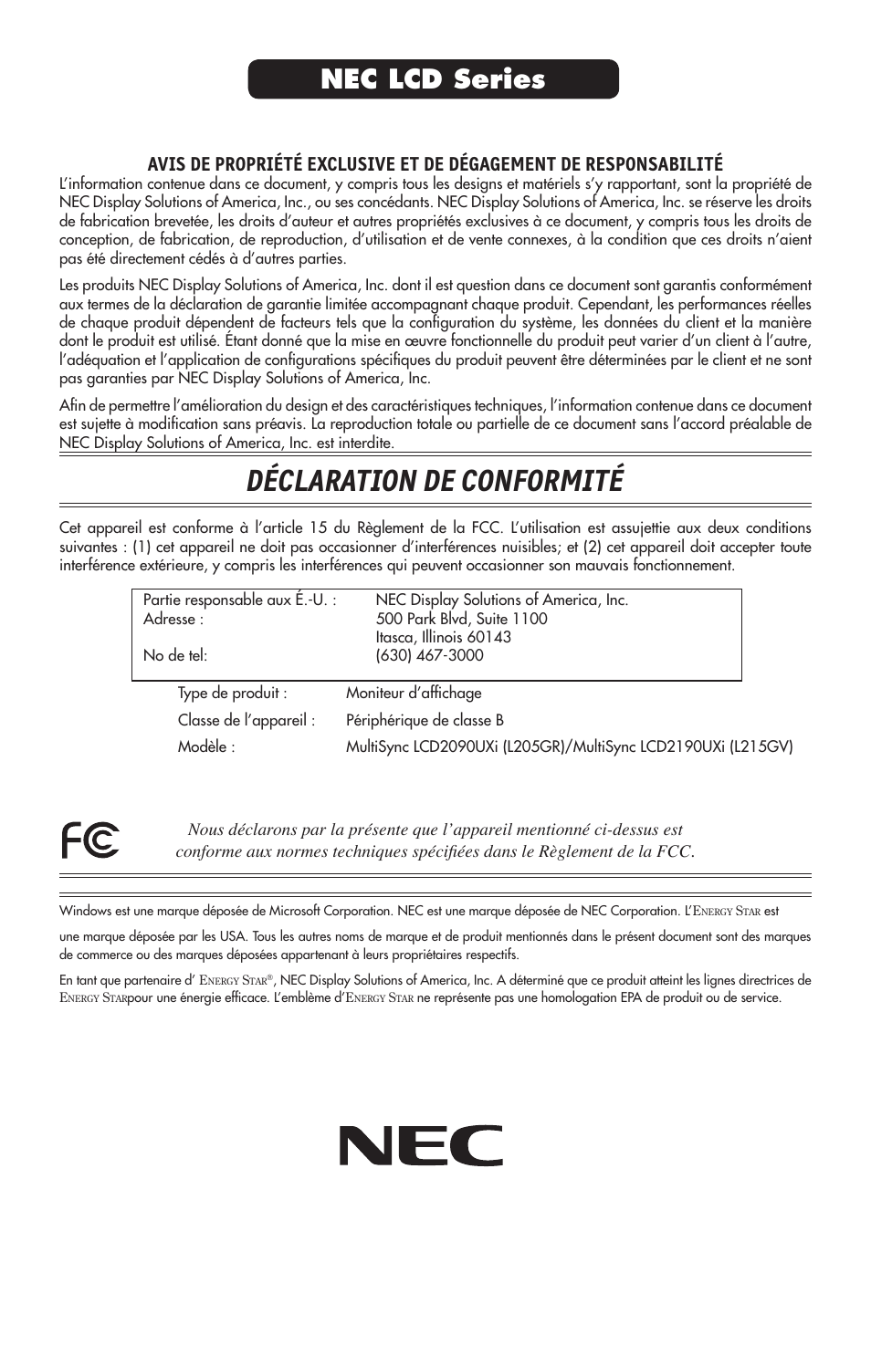 Déclaration de conformité, Nec lcd series | NEC LCD2190UXi User Manual | Page 129 / 131