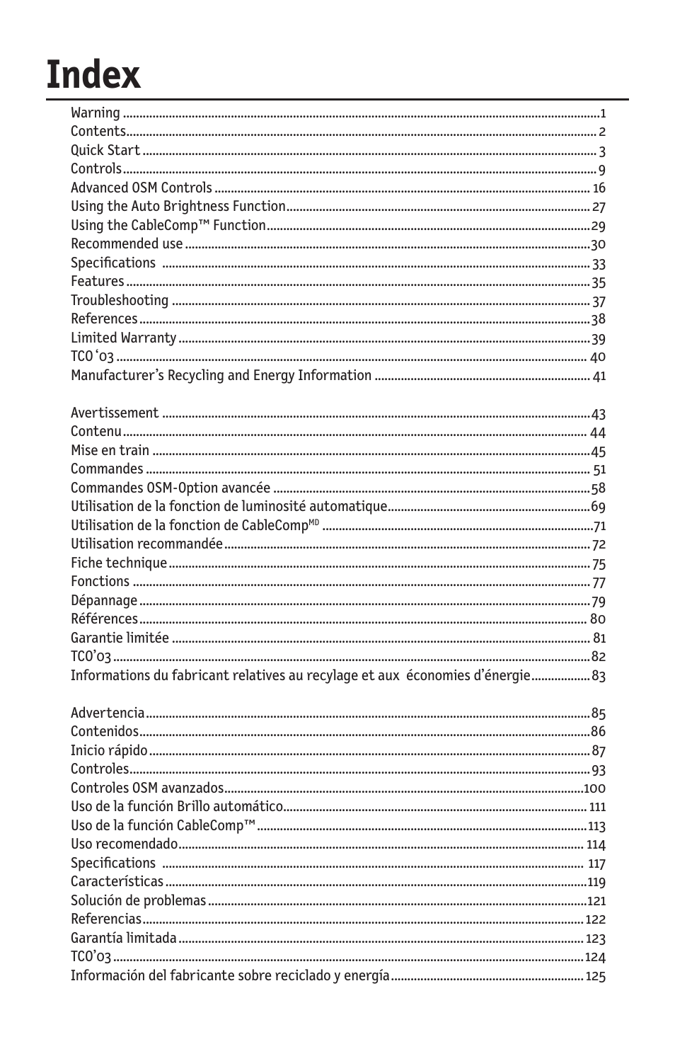 Index | NEC LCD2190UXi User Manual | Page 2 / 131