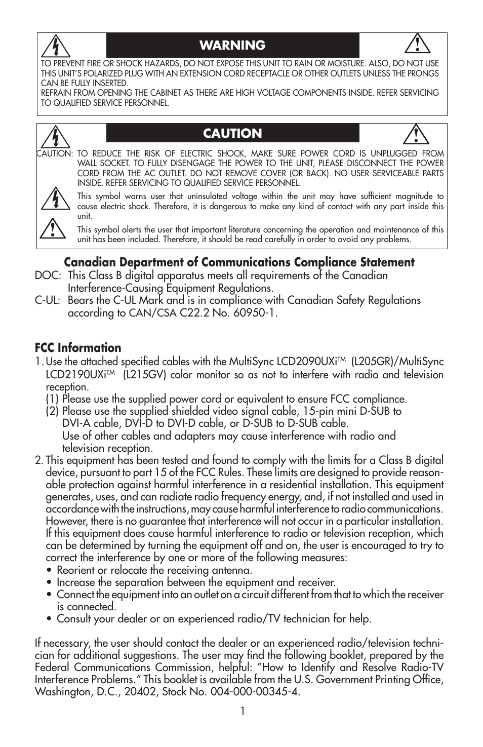 Fcc information | NEC LCD2190UXi User Manual | Page 3 / 131