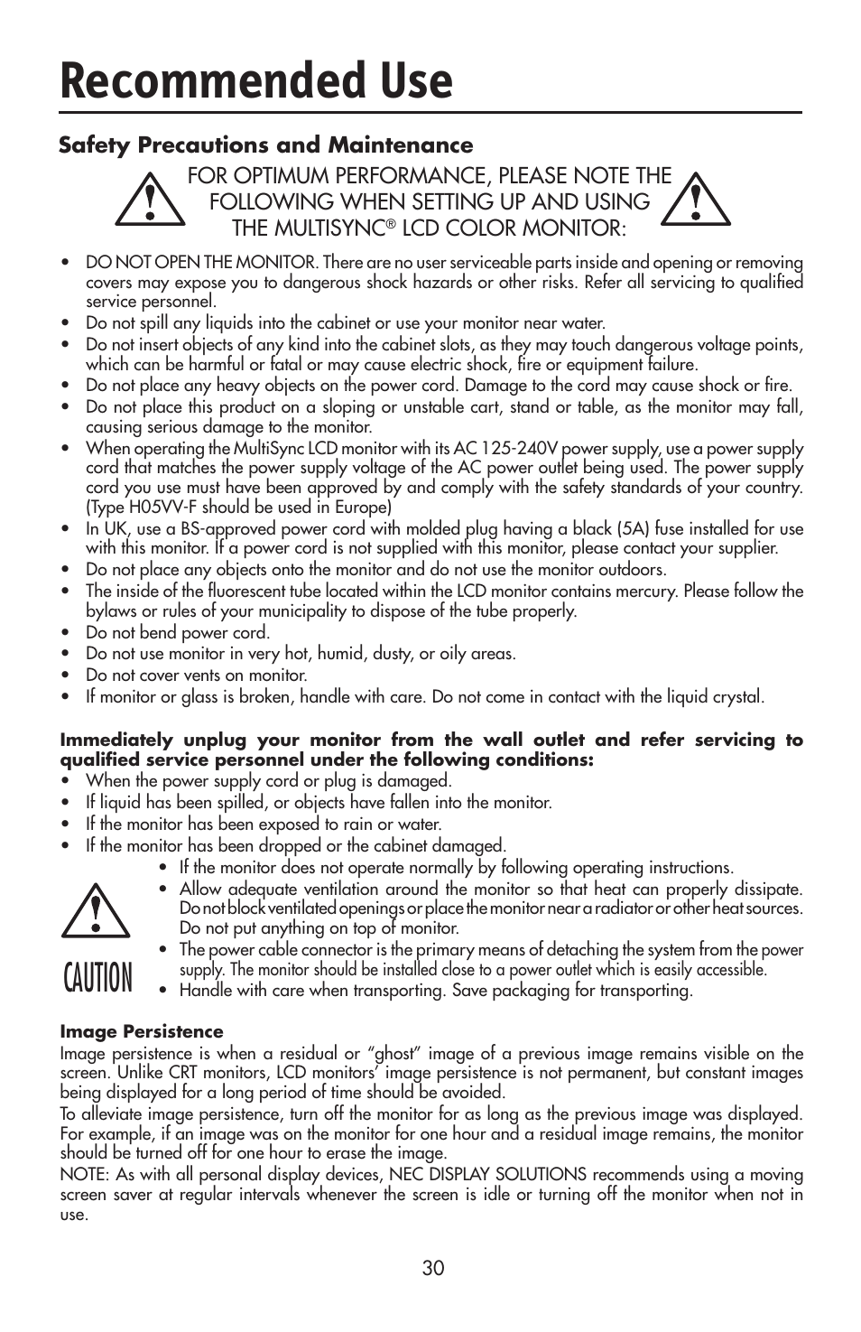 Recommended use, Caution, Lcd color monitor | NEC LCD2190UXi User Manual | Page 32 / 131