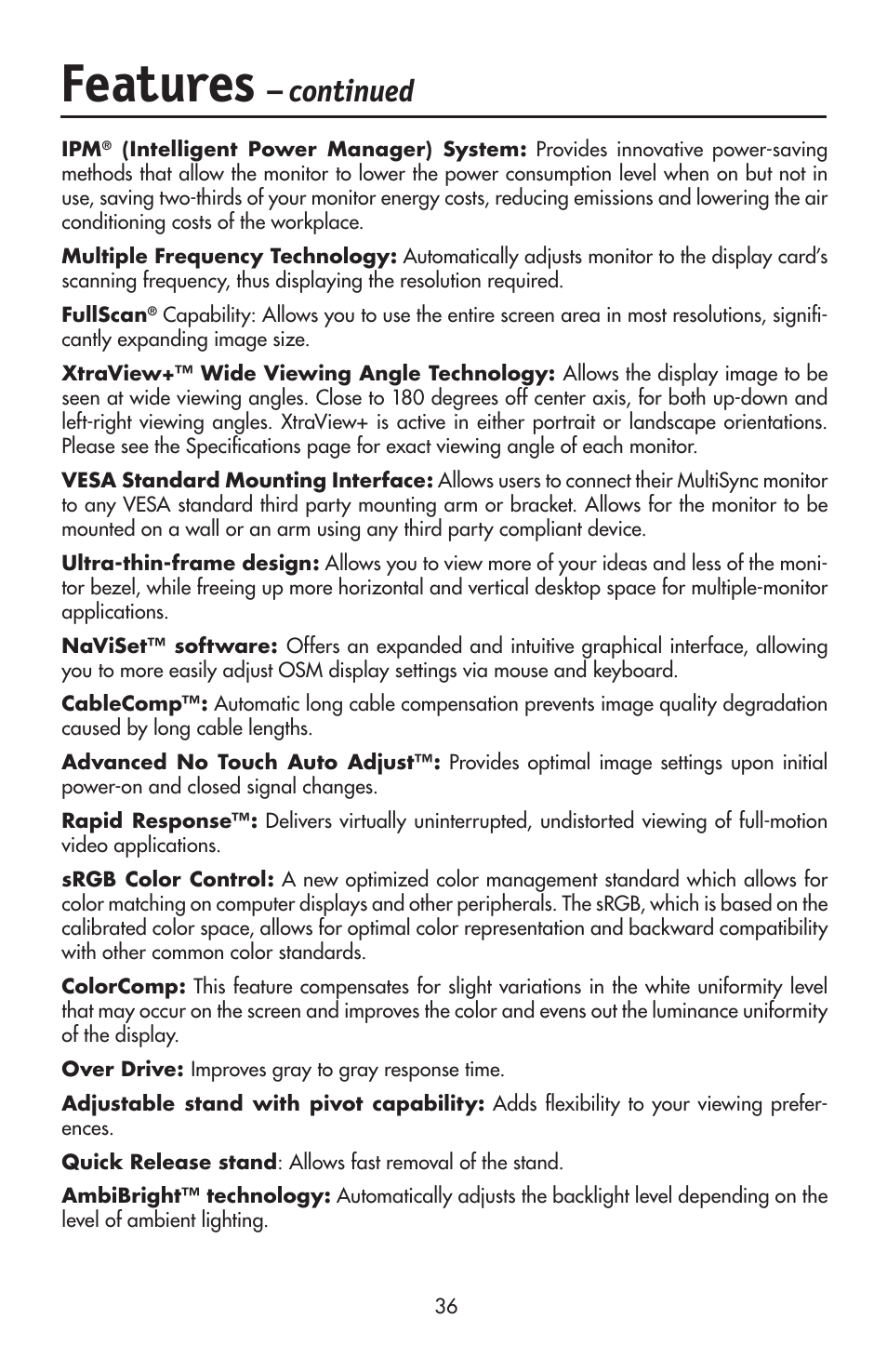Features, Continued | NEC LCD2190UXi User Manual | Page 38 / 131