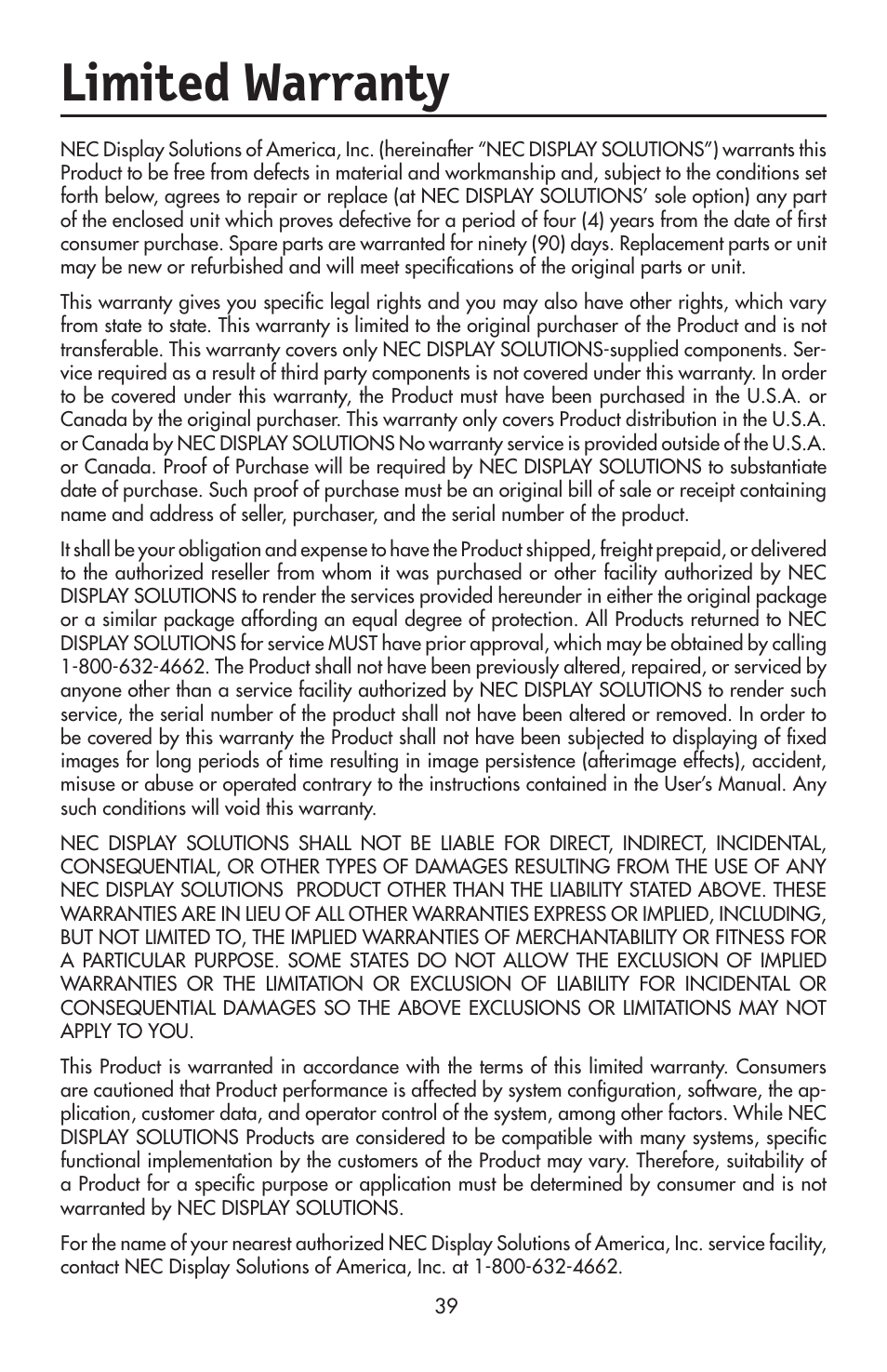 Limited warranty | NEC LCD2190UXi User Manual | Page 41 / 131