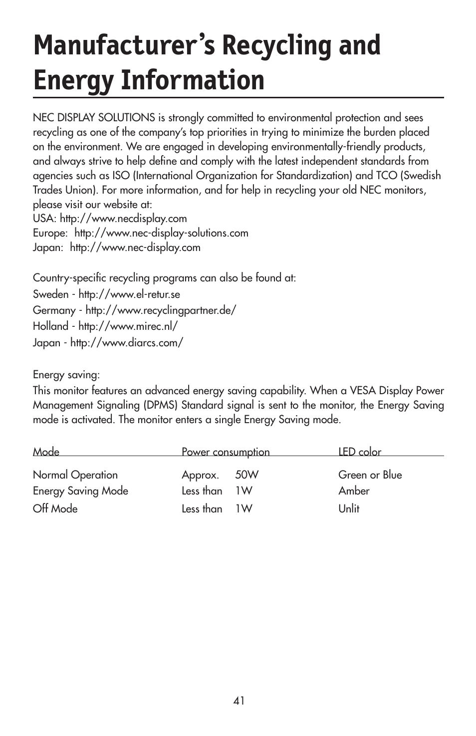Manufacturer’s recycling and energy information | NEC LCD2190UXi User Manual | Page 43 / 131