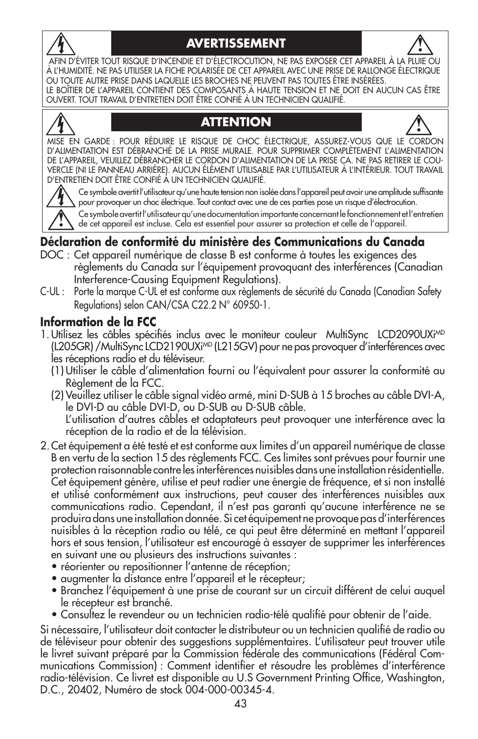 Information de la fcc | NEC LCD2190UXi User Manual | Page 45 / 131