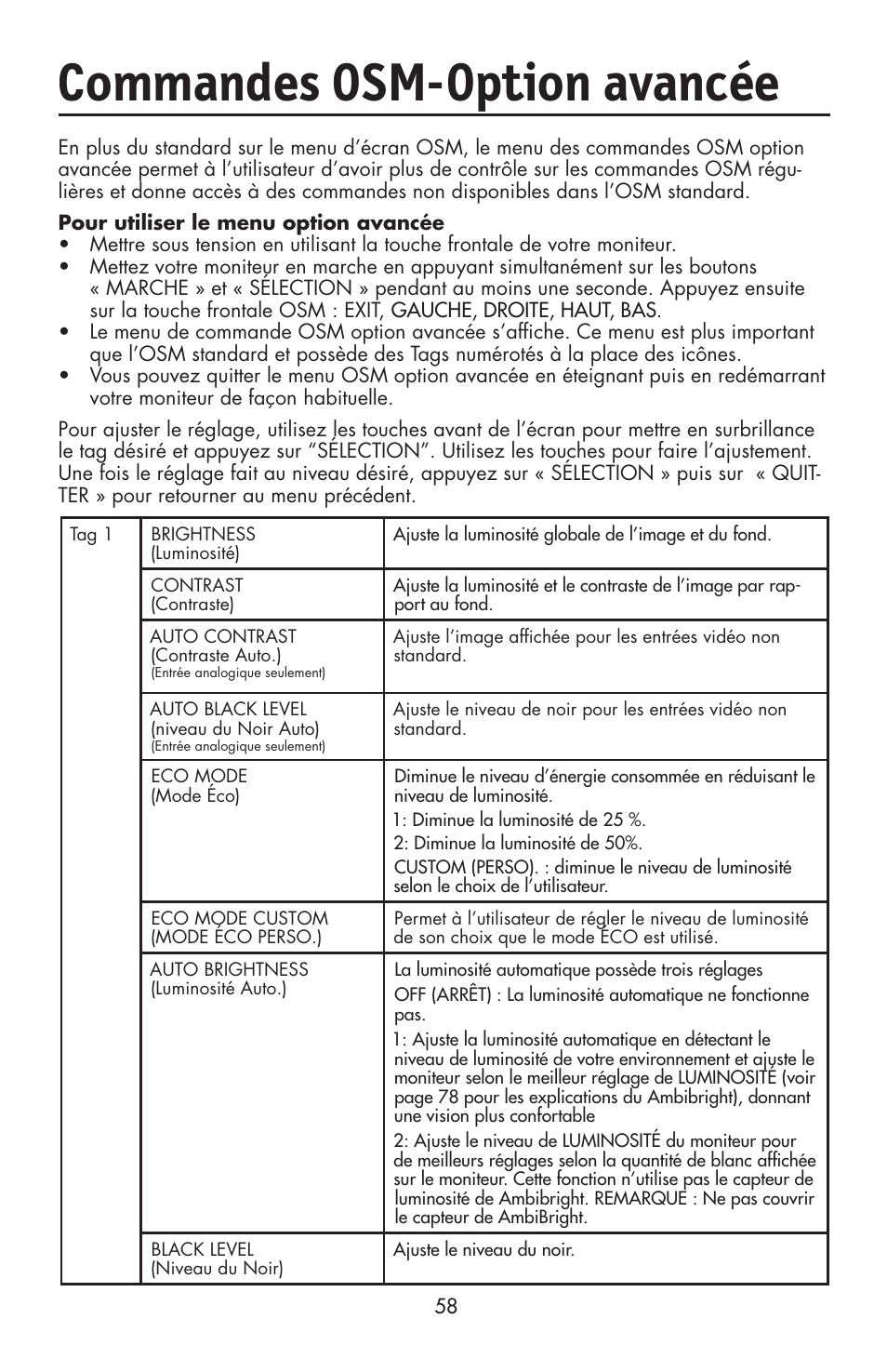 Commandes osm-option avancée | NEC LCD2190UXi User Manual | Page 60 / 131