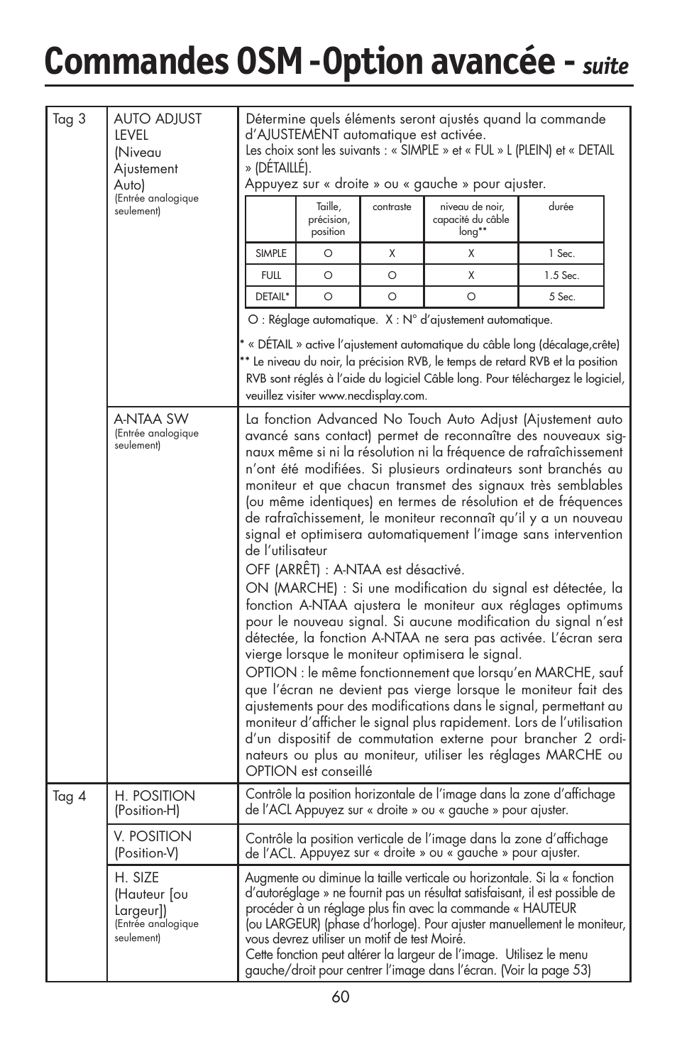 Commandes osm, Option avancée, Suite | NEC LCD2190UXi User Manual | Page 62 / 131