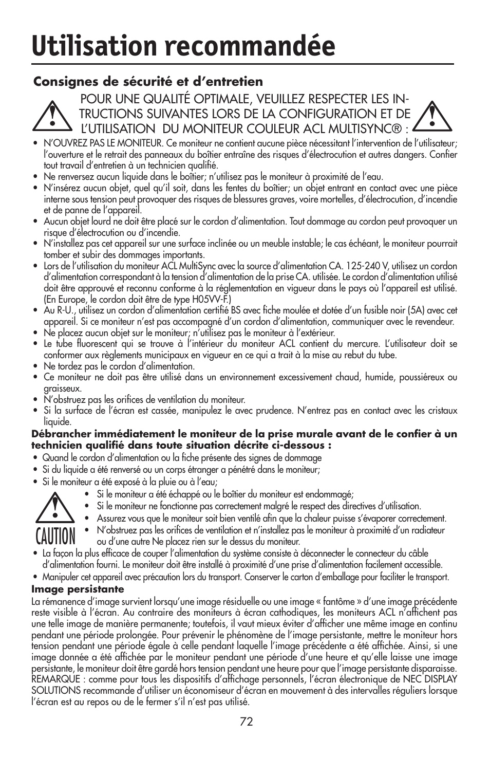 Utilisation recommandée, Caution | NEC LCD2190UXi User Manual | Page 74 / 131