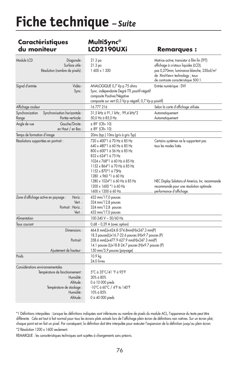 Fiche technique, Suite, Caractéristiques multisync | Du moniteur lcd2190uxi remarques | NEC LCD2190UXi User Manual | Page 78 / 131