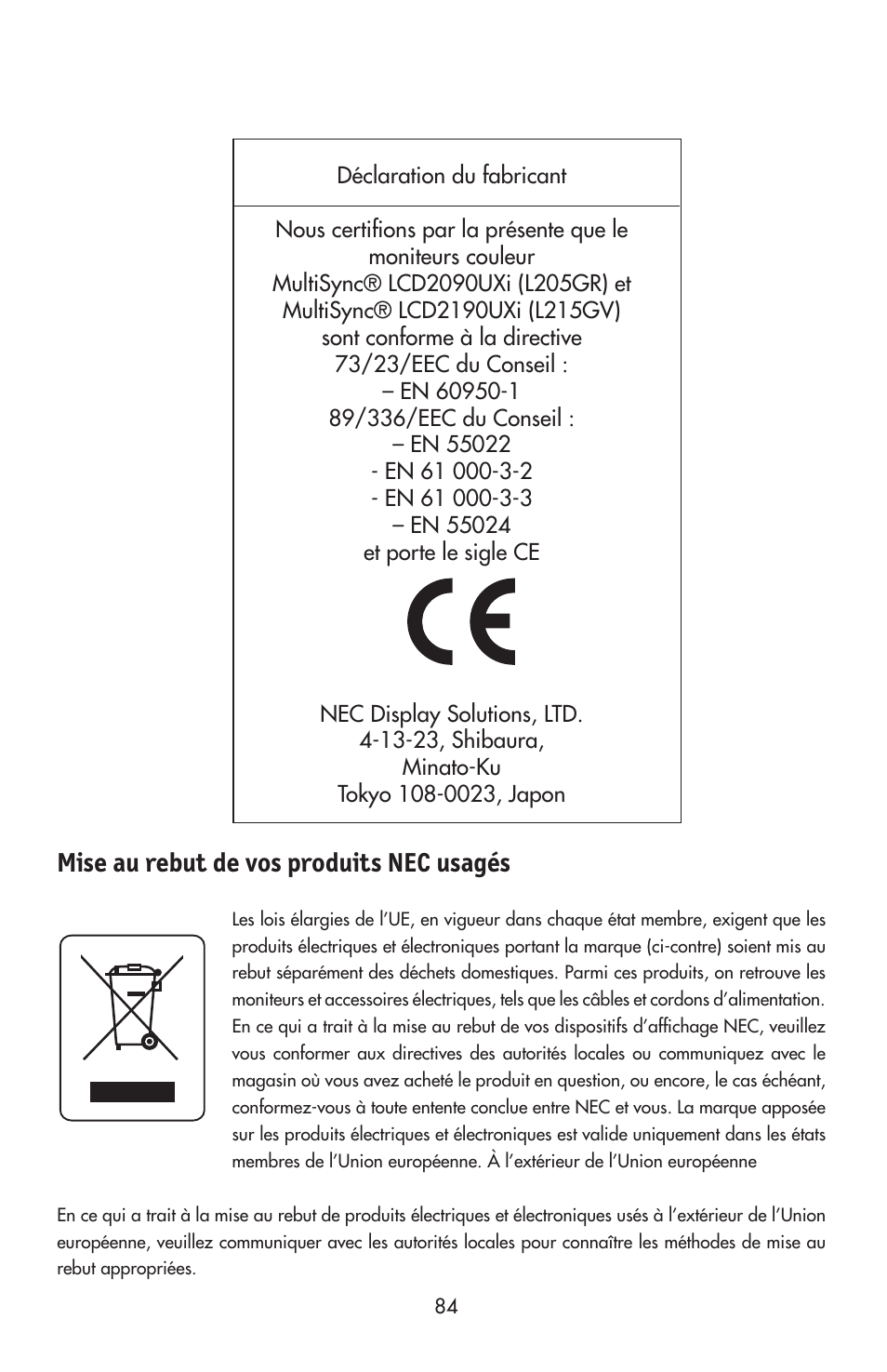Mise au rebut de vos produits nec usagés | NEC LCD2190UXi User Manual | Page 86 / 131