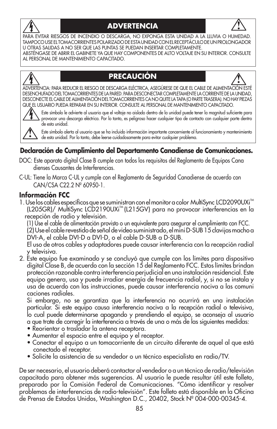 Información fcc | NEC LCD2190UXi User Manual | Page 87 / 131