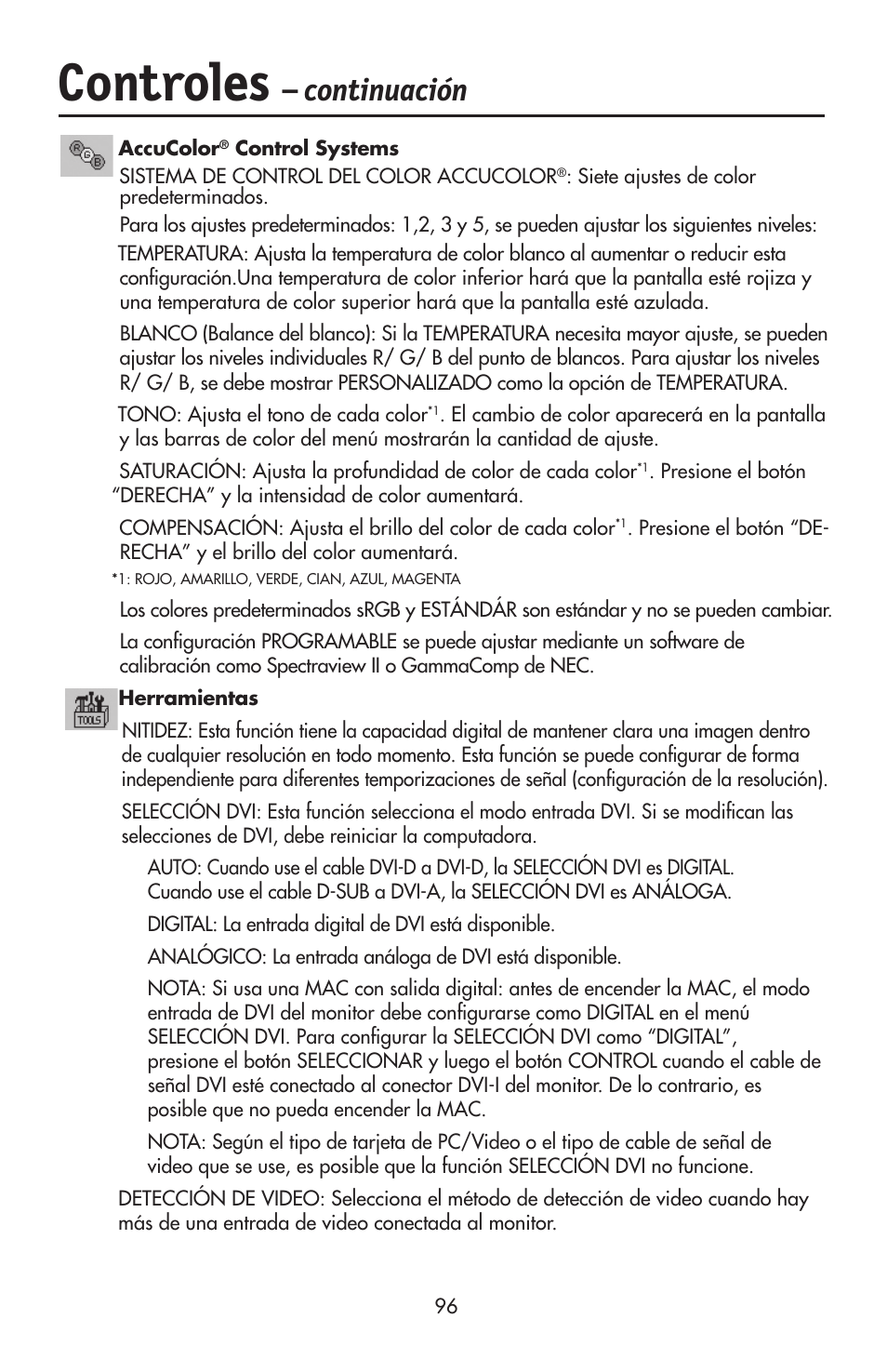 Controles, Continuación | NEC LCD2190UXi User Manual | Page 98 / 131