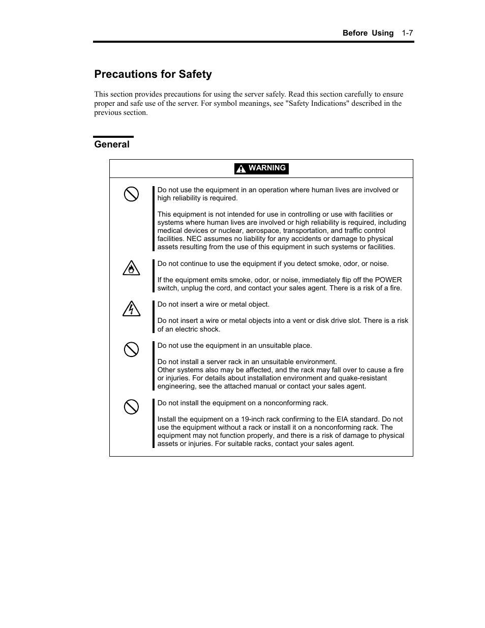 Precautions for safety, General | NEC Express 320Lc-R User Manual | Page 19 / 145