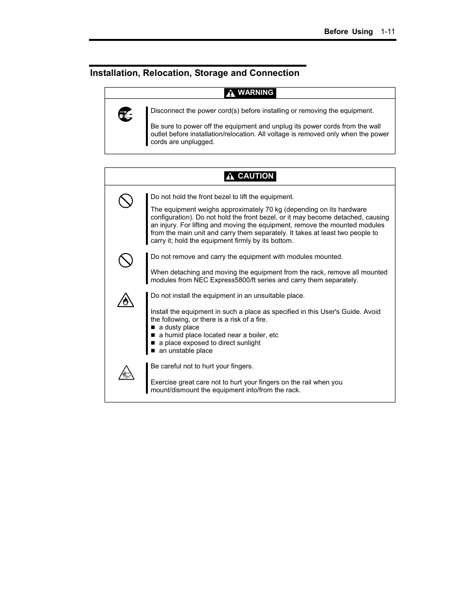 Installation, relocation, storage and connection | NEC Express 320Lc-R User Manual | Page 23 / 145