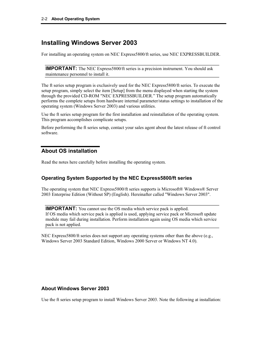 Installing windows server 2003 | NEC Express 320Lc-R User Manual | Page 30 / 145
