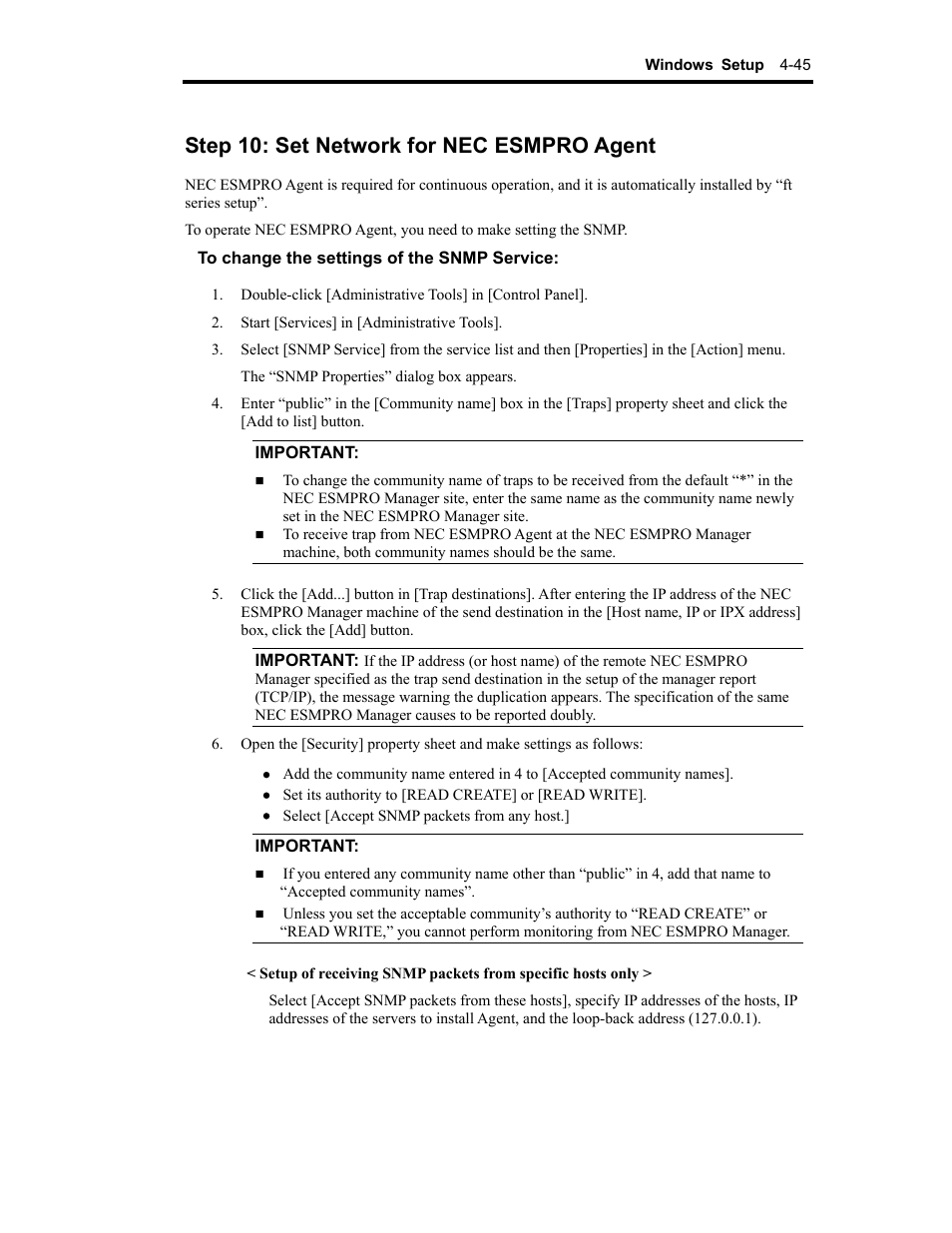 Step 10: set network for nec esmpro agent | NEC Express 320Lc-R User Manual | Page 89 / 145