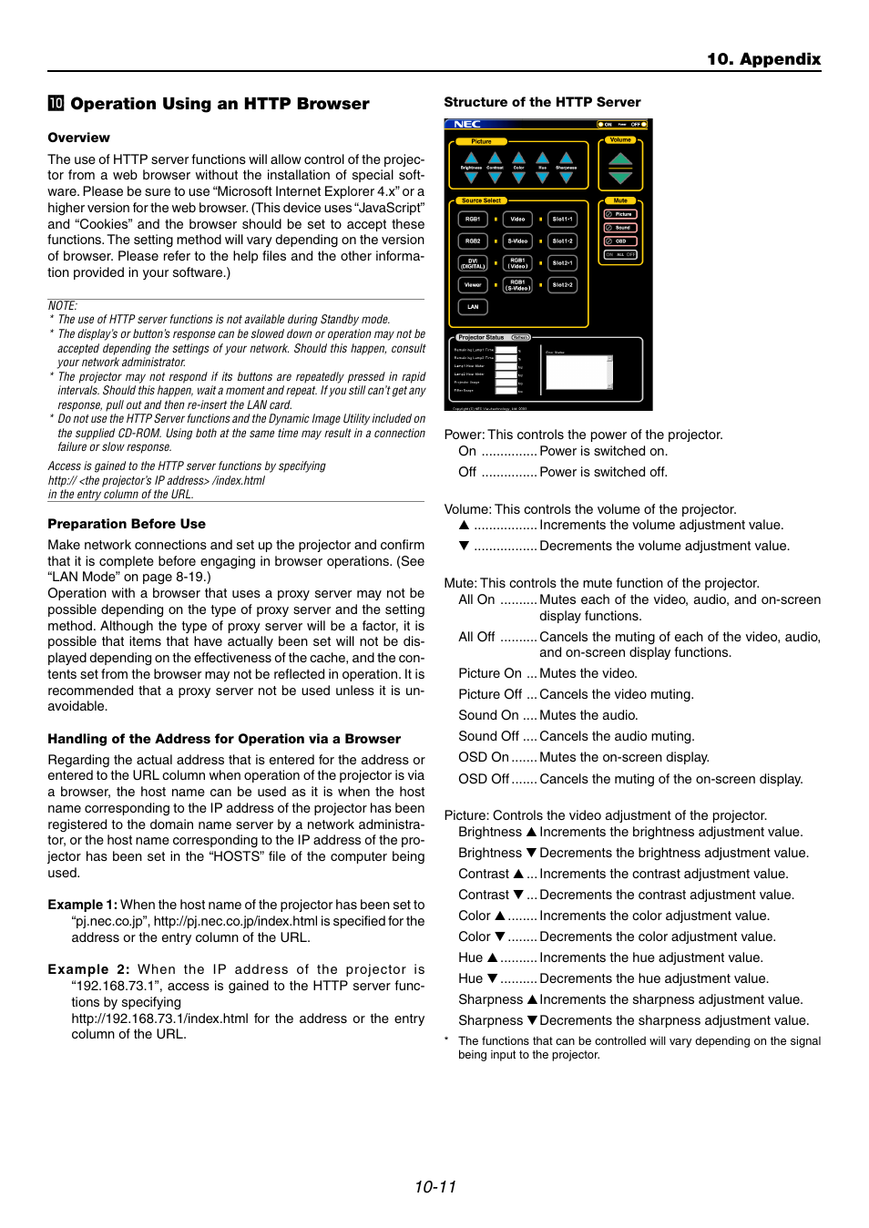 10] operation using an http browser, Appendix | NEC GT6000 User Manual | Page 106 / 107