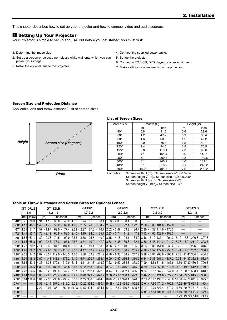 1] setting up your projector, Z setting up your projector, Installation | NEC GT6000 User Manual | Page 19 / 107