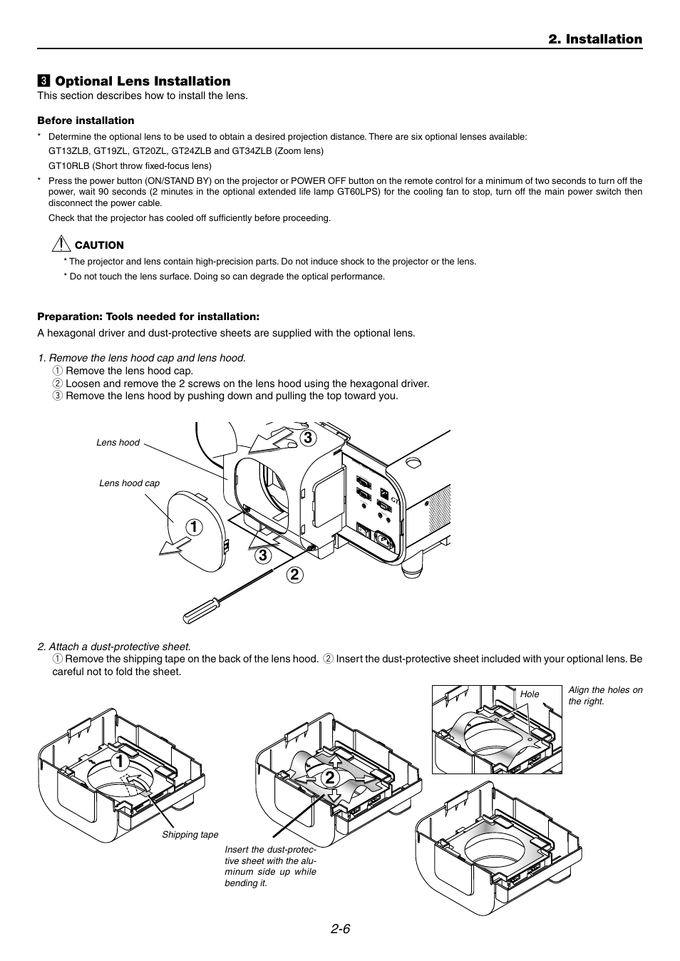 3] optional lens installation, C optional lens installation, Installation | Remove the lens hood cap and lens hood, Attach a dust-protective sheet, Caution, B/c b v h/ hv r l/m ono r l/m ono | NEC GT6000 User Manual | Page 23 / 107