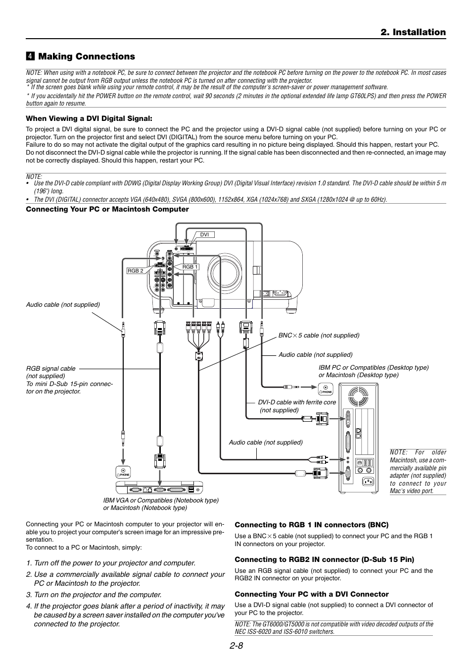 4] making connections, Connecting your pc or macintosh computer, 8 v making connections | Installation, When viewing a dvi digital signal, Audio, Connecting to rgb 1 in connectors (bnc), Connecting to rgb2 in connector (d-sub 15 pin), Connecting your pc with a dvi connector | NEC GT6000 User Manual | Page 25 / 107