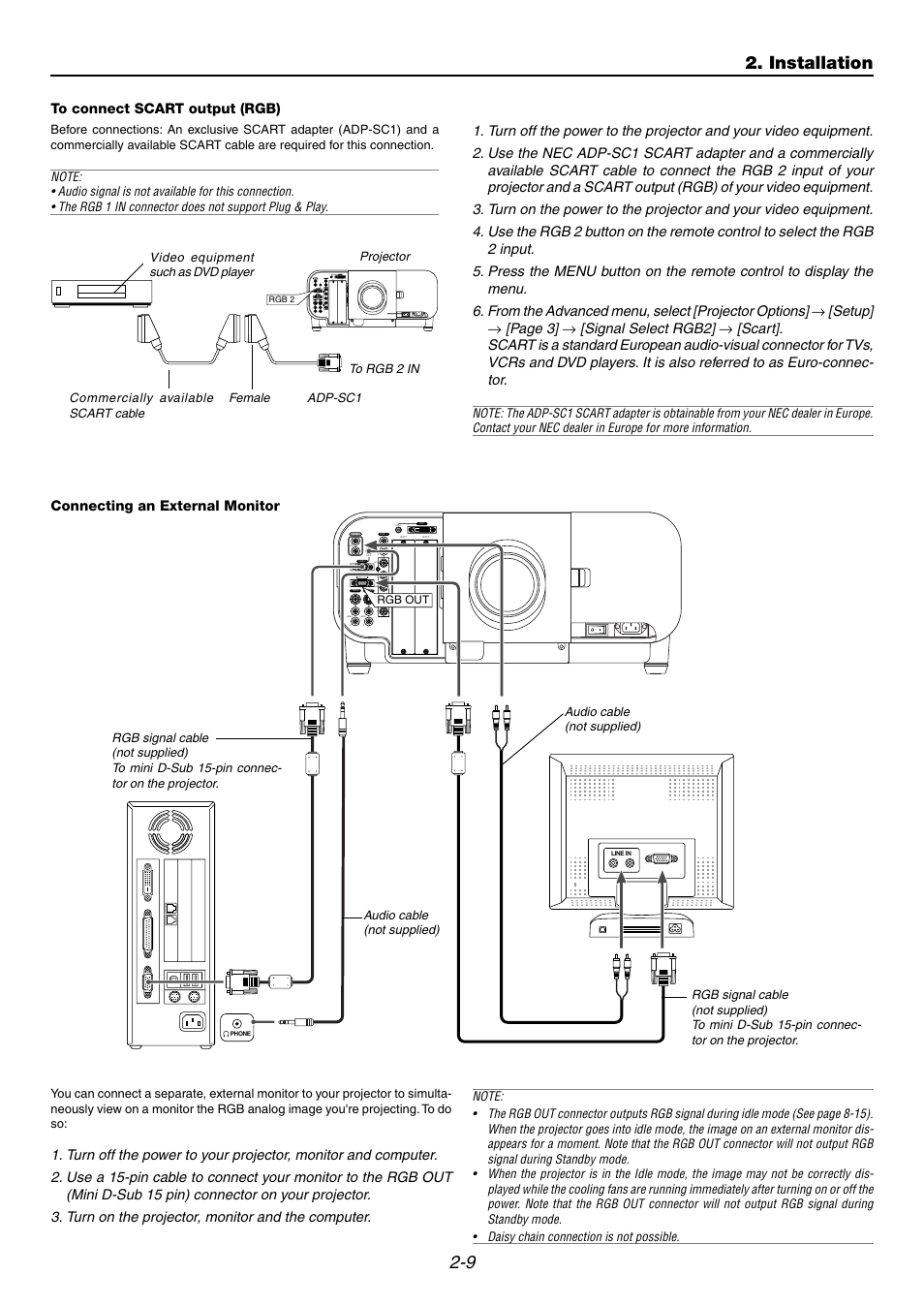 To connect scart output (rgb), Connecting an external monitor, Installation | NEC GT6000 User Manual | Page 26 / 107