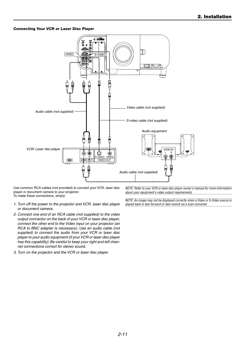 Connecting your vcr or laser disc player, Installation, Audio | Vcr/ laser disc player, Audio cable (not supplied) | NEC GT6000 User Manual | Page 28 / 107