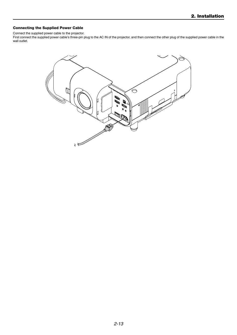 Connecting the supplied power cable, 13 2. installation, Audio | NEC GT6000 User Manual | Page 30 / 107