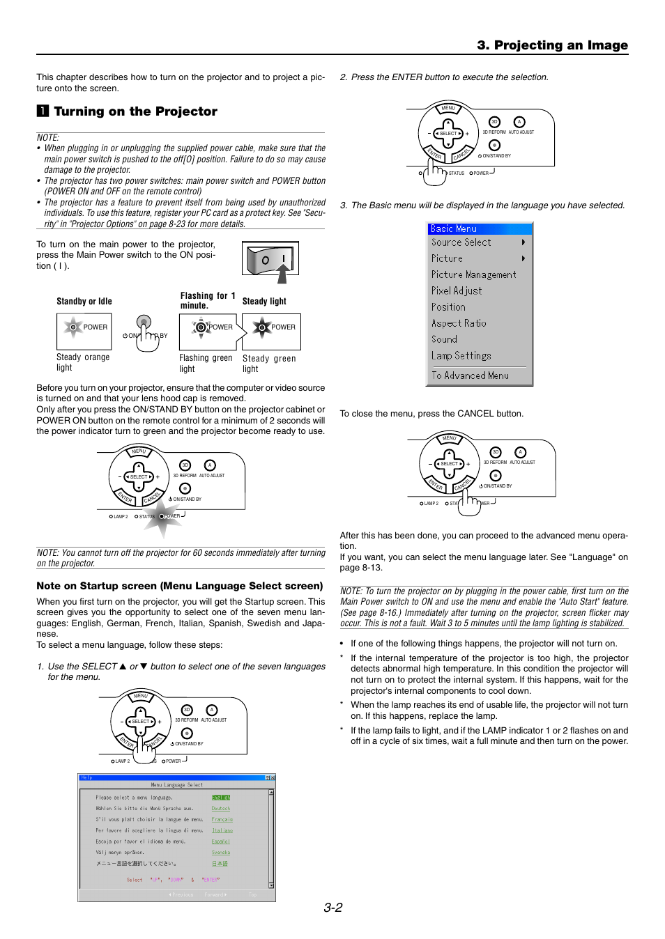 1] turning on the projector, 2 3. projecting an image, Z turning on the projector | Use the select | NEC GT6000 User Manual | Page 32 / 107
