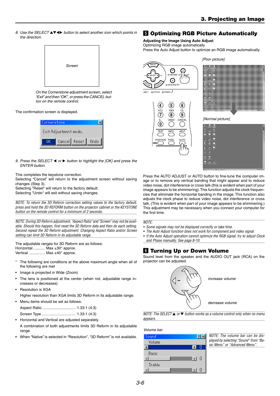 5] optimizing rgb picture automatically, 6] turning up or down volume, N turning up or down volume | NEC GT6000 User Manual | Page 36 / 107