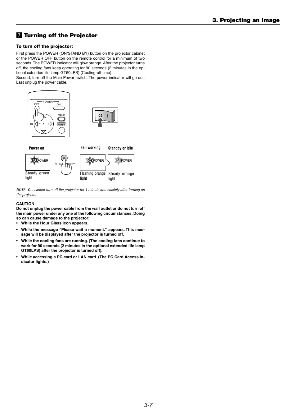 7] turning off the projector, 7 m turning off the projector, Projecting an image | NEC GT6000 User Manual | Page 37 / 107
