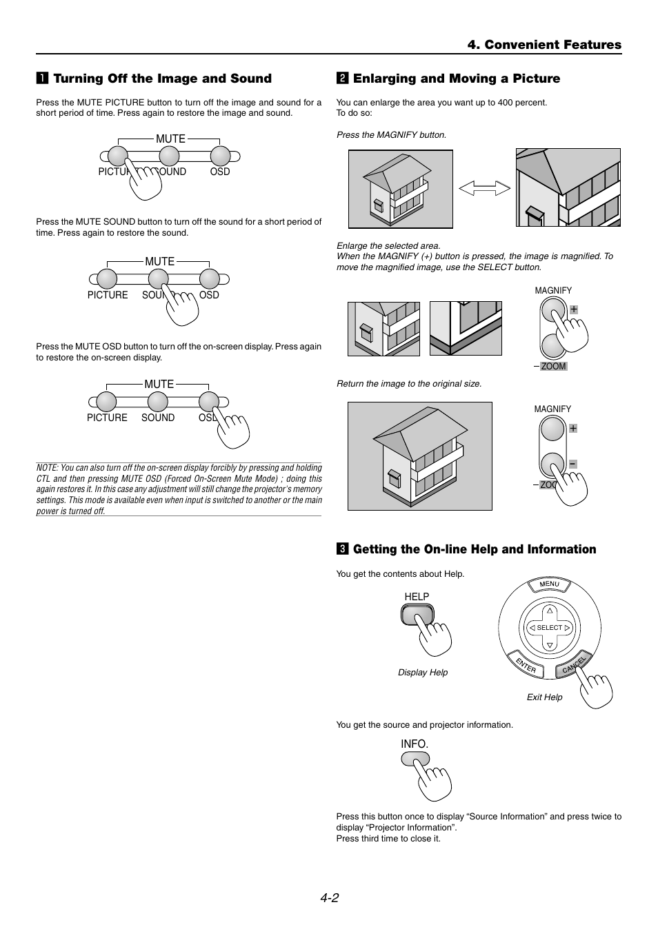 1] turning off the image and sound, 2] enlarging and moving a picture, 3] getting the on-line help and information | 2 z turning off the image and sound, X enlarging and moving a picture, C getting the on-line help and information, Convenient features | NEC GT6000 User Manual | Page 39 / 107