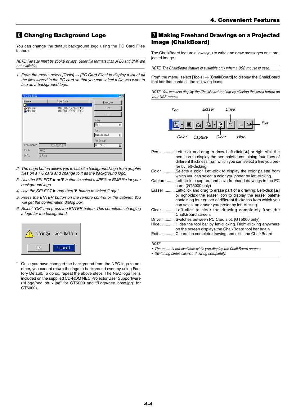 6] changing background logo, 4 n changing background logo, Convenient features | NEC GT6000 User Manual | Page 41 / 107