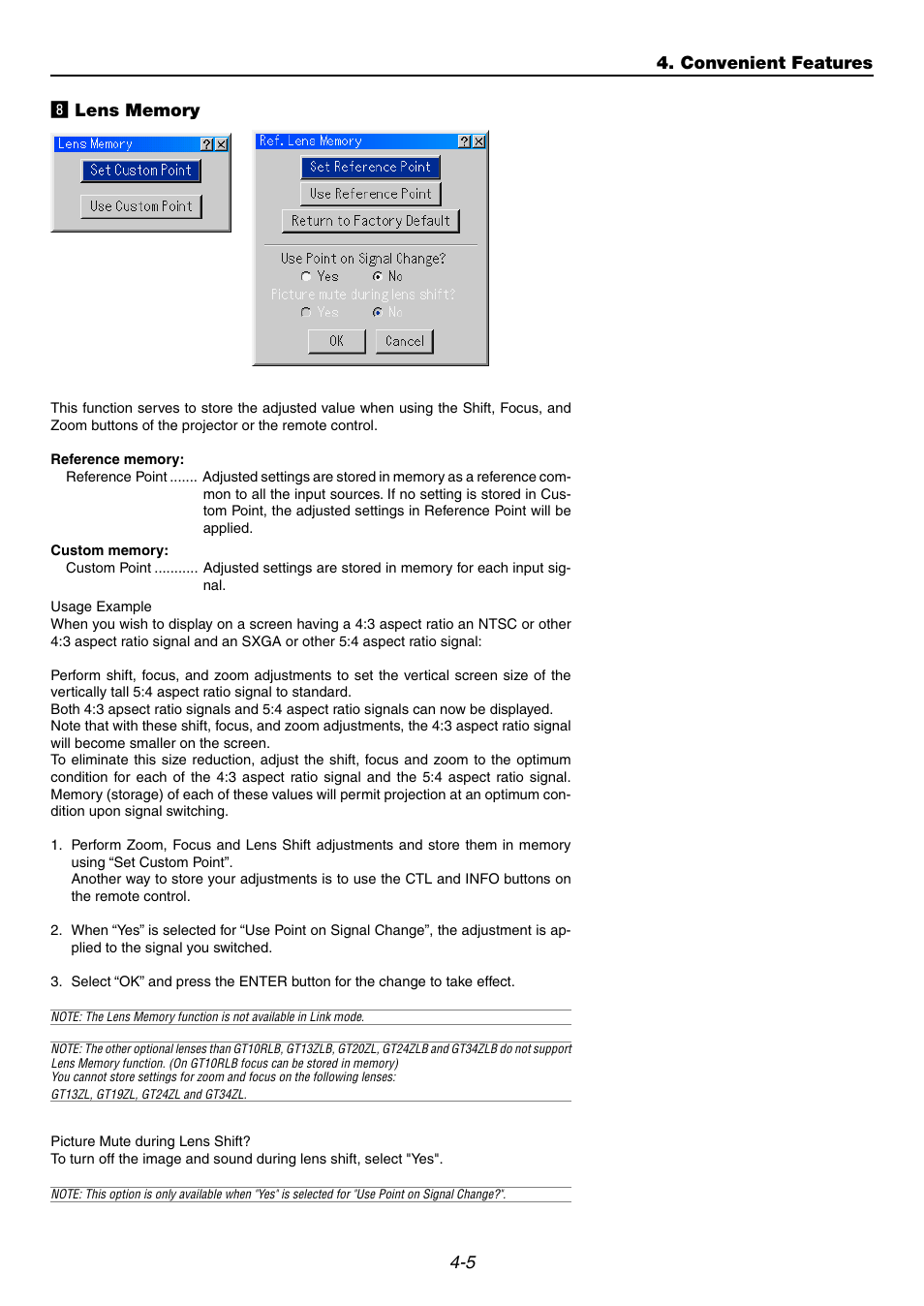 8] lens memory | NEC GT6000 User Manual | Page 42 / 107