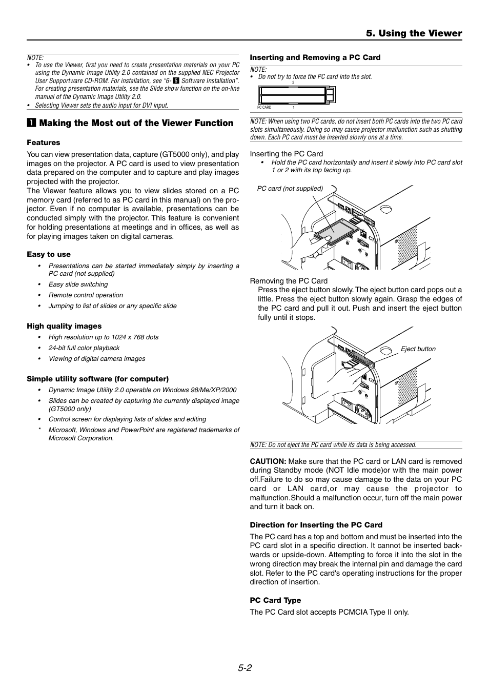 1] making the most out of the viewer function, Z making the most out of the viewer function, Using the viewer | High quality images, Simple utility software (for computer), Inserting the pc card, Pc card (not supplied) | NEC GT6000 User Manual | Page 44 / 107