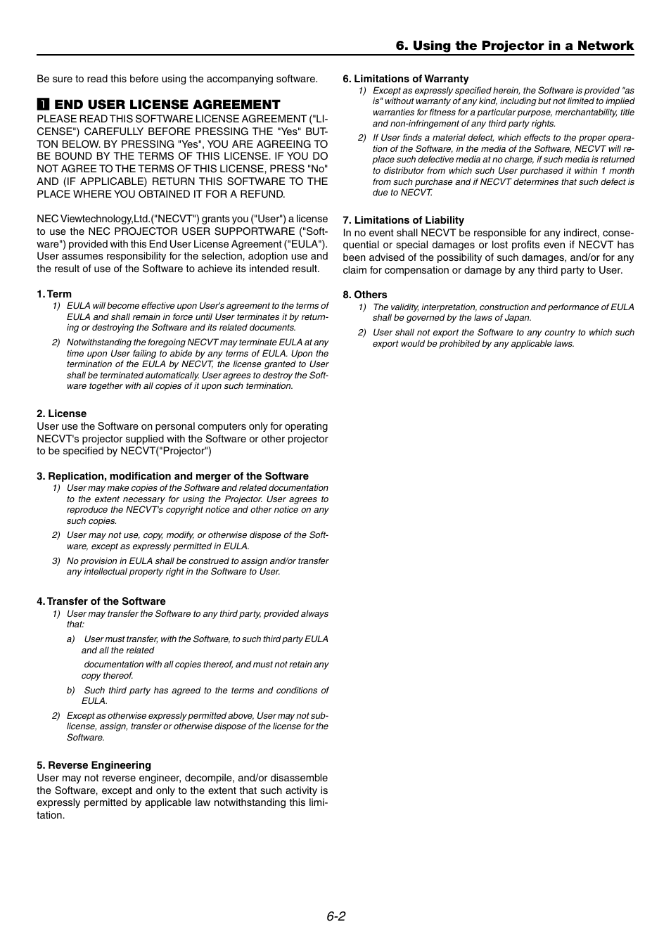 1] end user license agreement, Z end user license agreement, Using the projector in a network | NEC GT6000 User Manual | Page 49 / 107