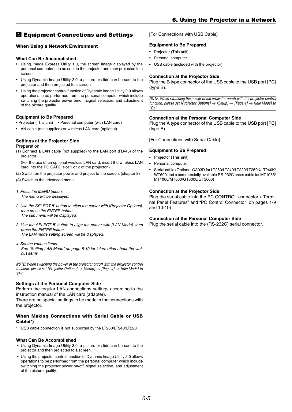 4] equipment connections and settings, 5 v equipment connections and settings, Using the projector in a network | NEC GT6000 User Manual | Page 52 / 107