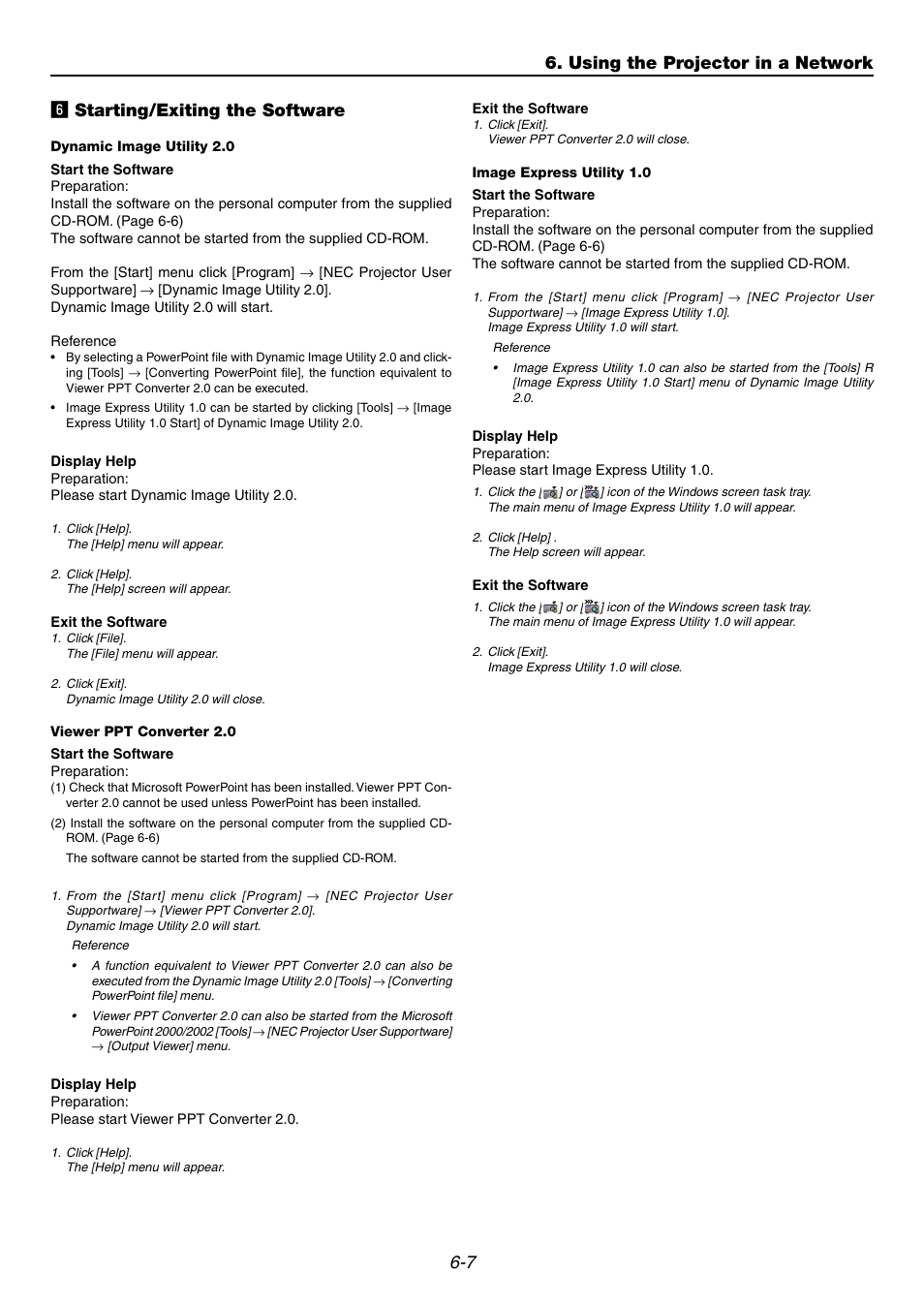 6] starting/exiting the software, 7 n starting/exiting the software, Using the projector in a network | NEC GT6000 User Manual | Page 54 / 107