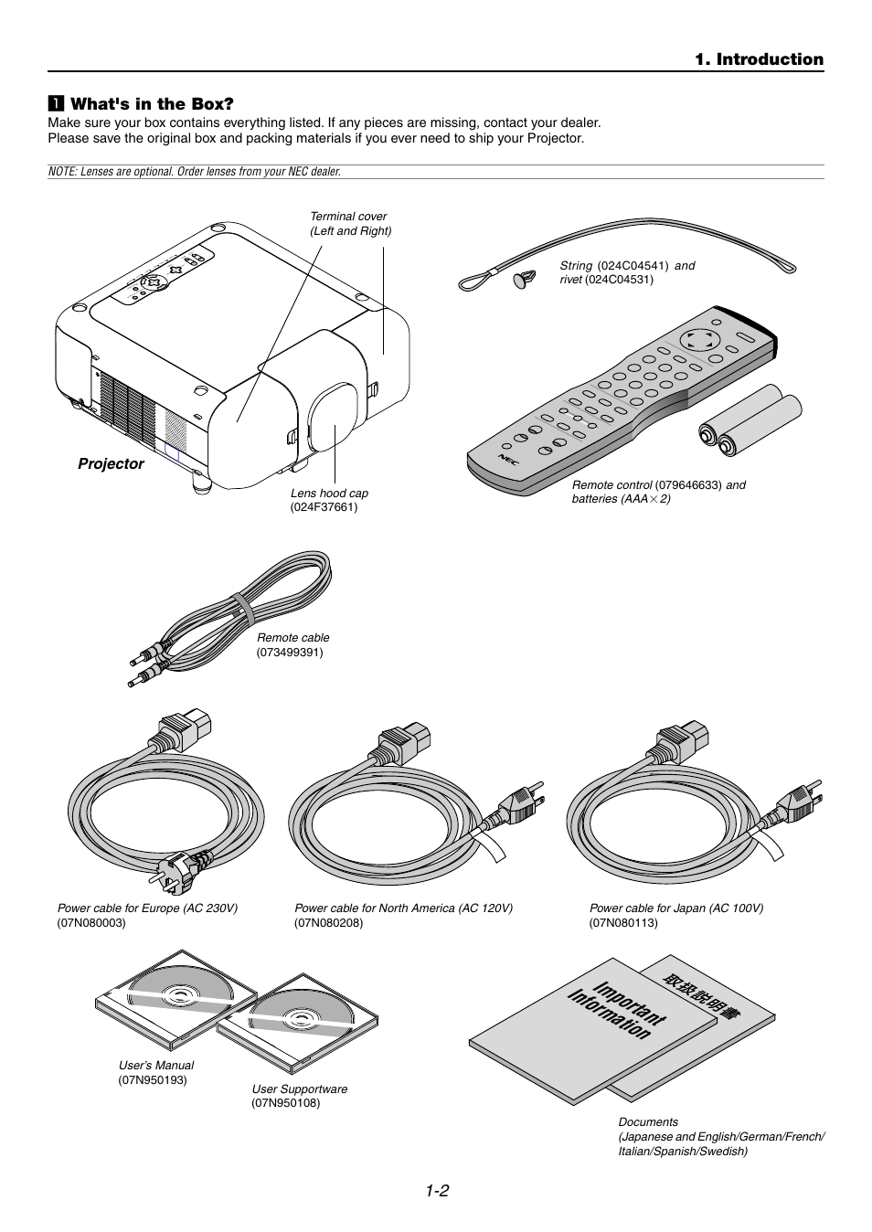 1] what's in the box, Important information, 2 z what's in the box | Introduction, Projector | NEC GT6000 User Manual | Page 6 / 107