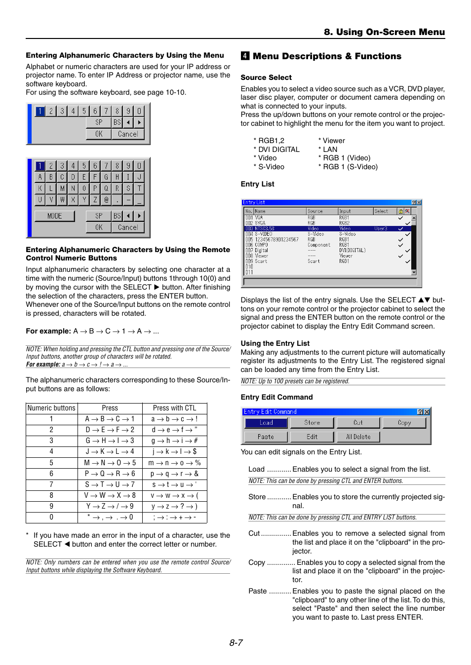 4] menu descriptions & functions, Source select, Entry list | Using the entry list, Entry edit command, V menu descriptions & functions, Using on-screen menu | NEC GT6000 User Manual | Page 70 / 107