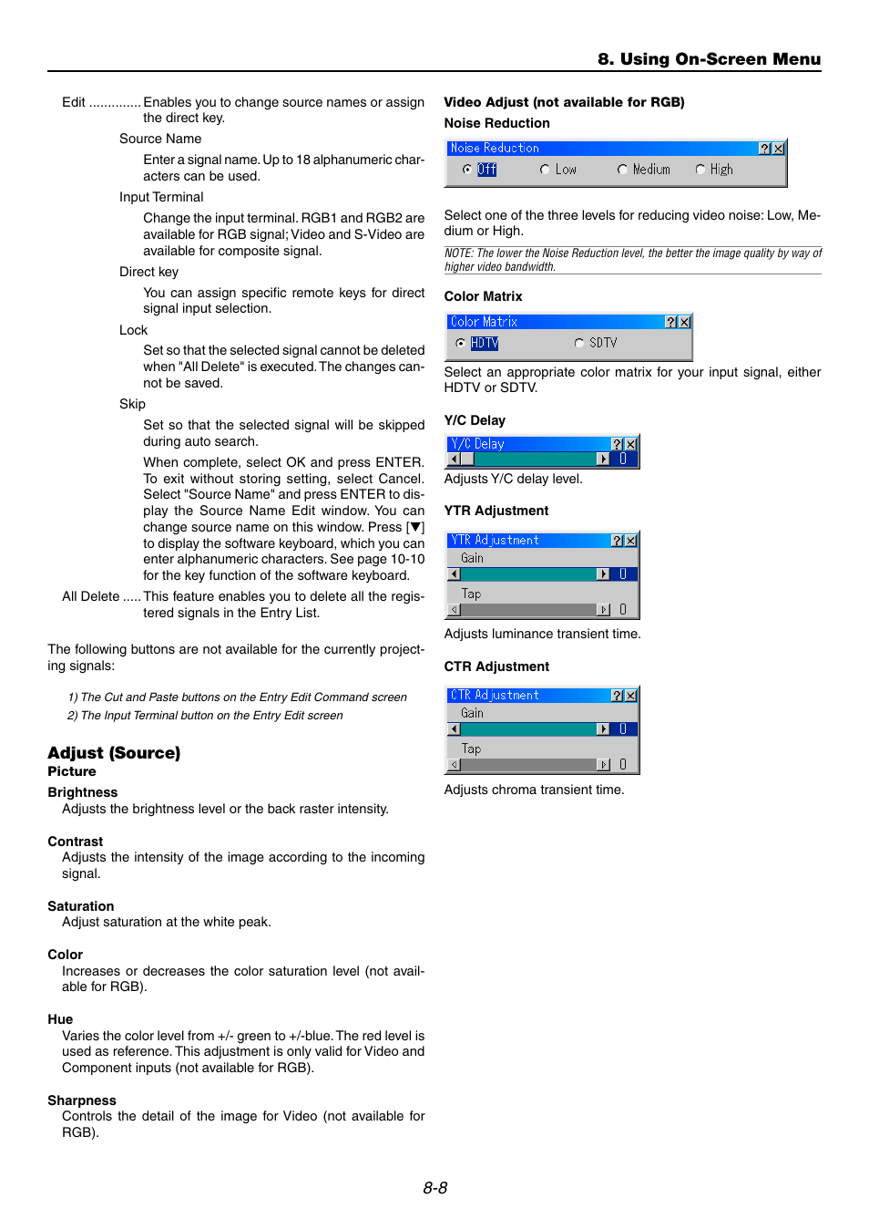 Adjust (source), Picture, Video adjust (not available for rgb) | Using on-screen menu | NEC GT6000 User Manual | Page 71 / 107