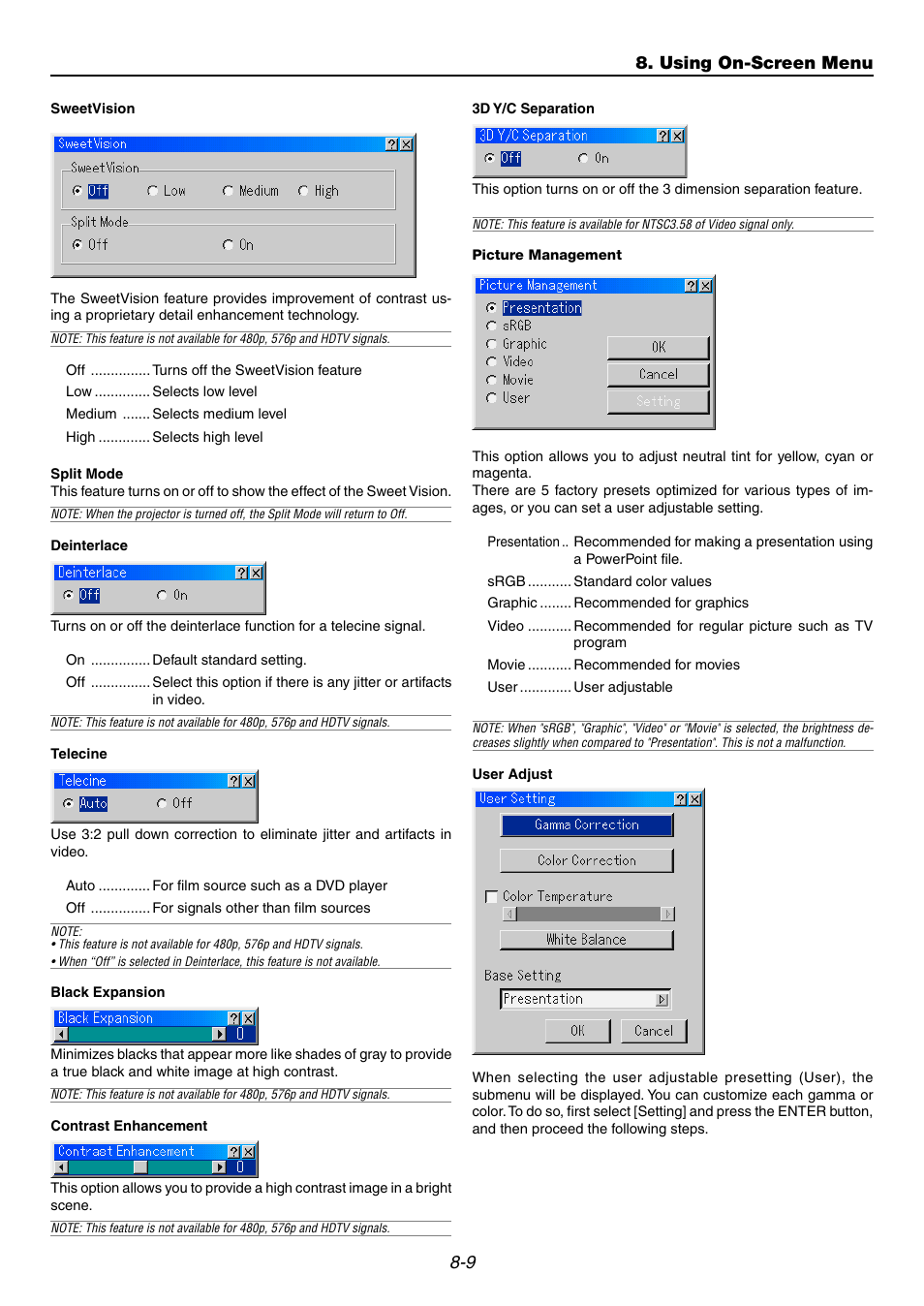 Picture management, Using on-screen menu | NEC GT6000 User Manual | Page 72 / 107